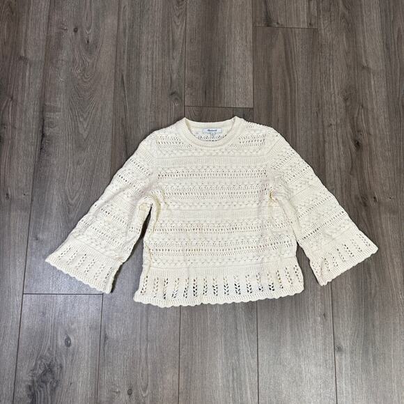 Madewell Scalloped-Trim Sweater Tee Sz XS Sand Crewneck Crop Open Knit Pullover - Picture 5 of 9